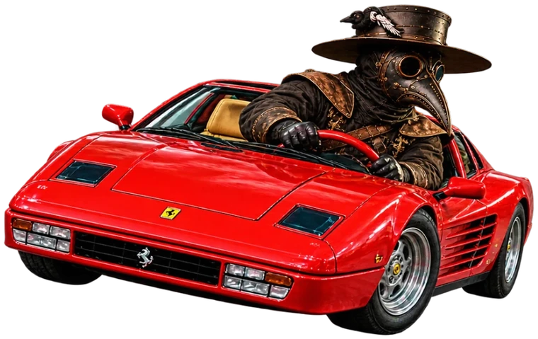 The plague doctor leaning out of a full-size red sports car